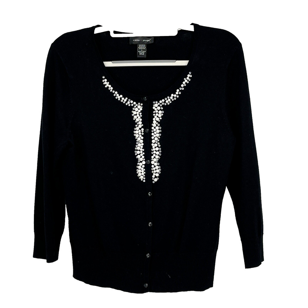 Cable & Gauge Cardigan Women Large Black Sweater Pearl Bling Holiday Party Class